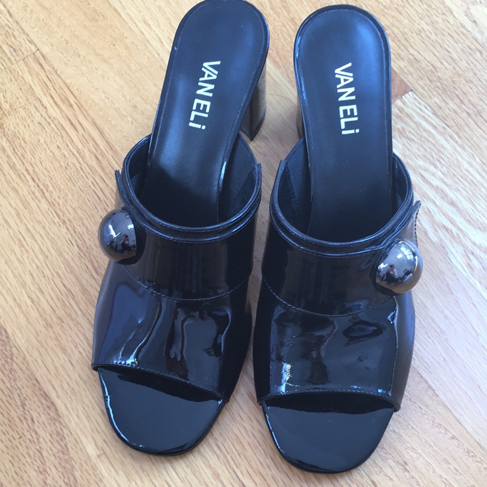 Vaneli Patent Leather Block Heel Strap Slide On Sandals - NEW